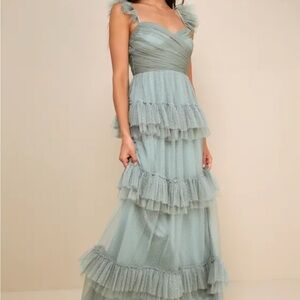 Lulu's Green Ruched Tiered Gown